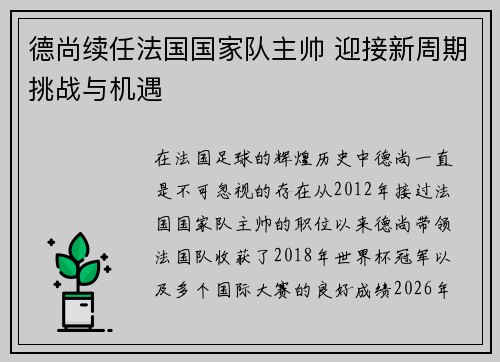 德尚续任法国国家队主帅 迎接新周期挑战与机遇 德尚续任法国国家队主帅 迎接新周期挑战与机遇