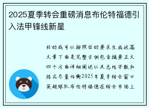 2025夏季转会重磅消息布伦特福德引入法甲锋线新星
